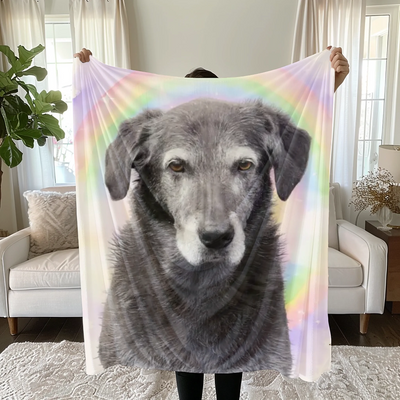 Custom memorial fleece blanket with pastel rainbow background and pet portrait – cozy tribute for any cherished animal.