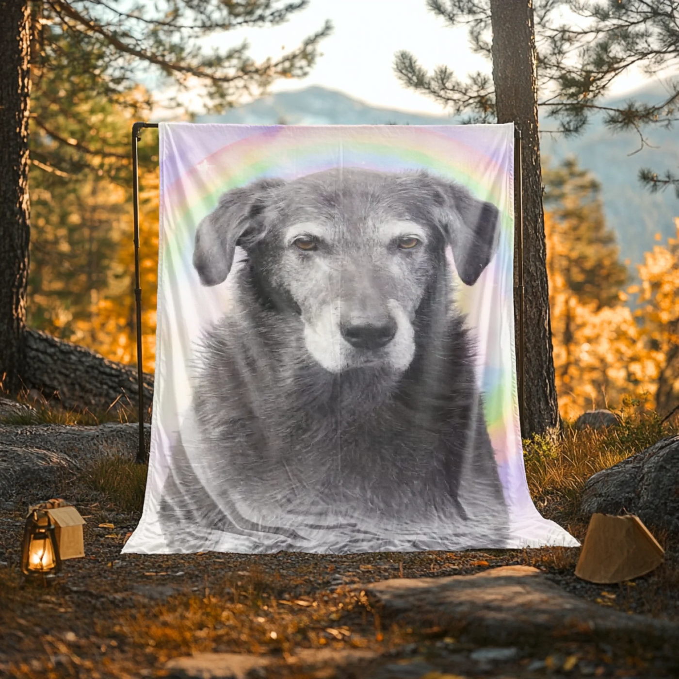 Custom memorial fleece blanket with pastel rainbow background and pet portrait – cozy tribute for any cherished animal.