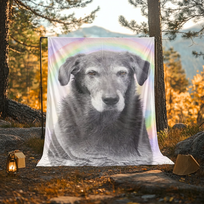 Custom memorial fleece blanket with pastel rainbow background and pet portrait – cozy tribute for any cherished animal.