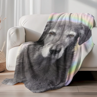 Photo sherpa blanket with rainbow bridge design – personalized sympathy gift to remember a beloved dog, cat, or other animal companion.