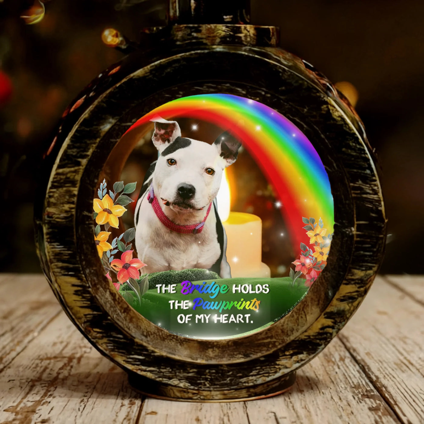 Personalized Rainbow Bridge lantern light with pet photo, glowing candle, and memorial message