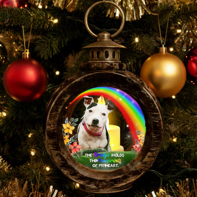 Personalized Rainbow Bridge lantern light with pet photo, glowing candle, and memorial message