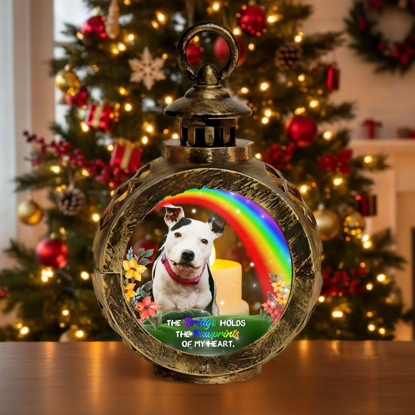 Personalized Rainbow Bridge lantern light with pet photo, glowing candle, and memorial message