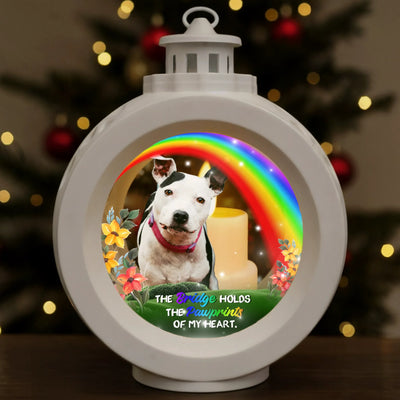 Personalized Rainbow Bridge lantern light with pet photo, glowing candle, and memorial message