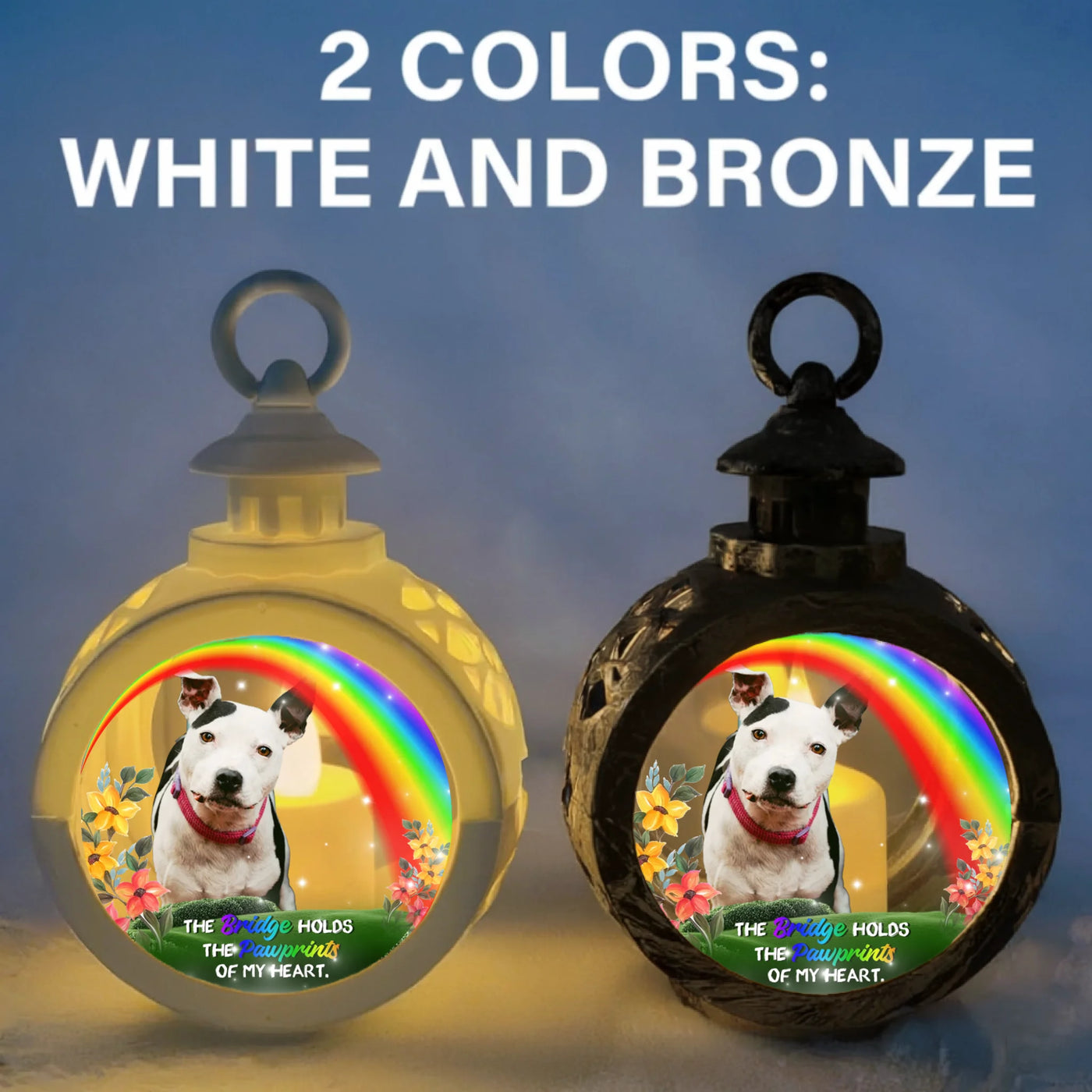 Personalized Rainbow Bridge lantern light with pet photo, glowing candle, and memorial message