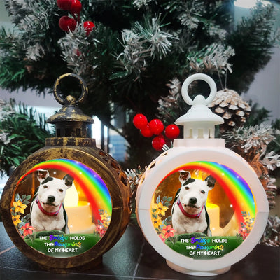 Personalized Rainbow Bridge lantern light with pet photo, glowing candle, and memorial message