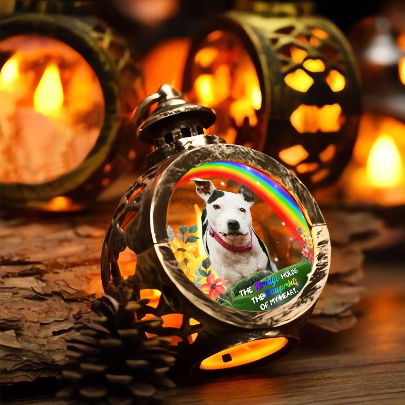 Personalized Rainbow Bridge lantern light with pet photo, glowing candle, and memorial message