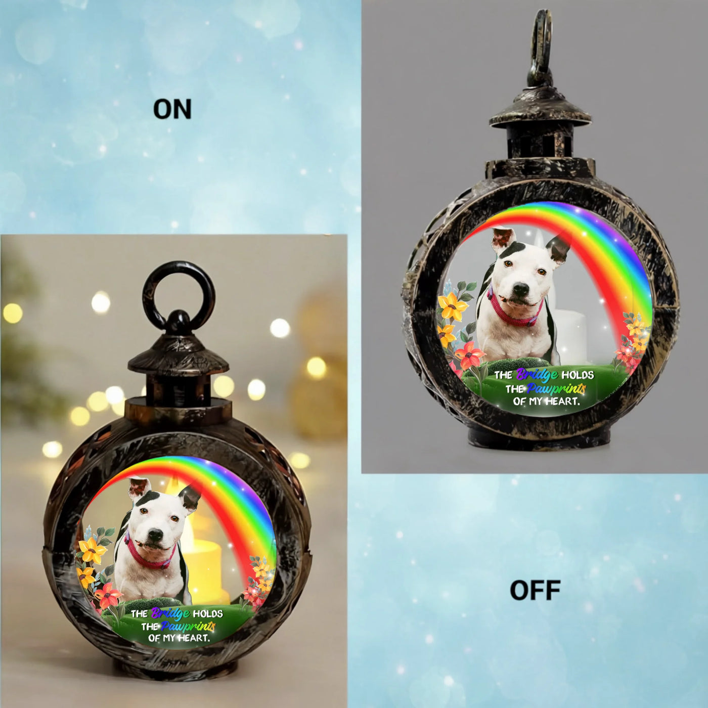 Personalized Rainbow Bridge lantern light with pet photo, glowing candle, and memorial message