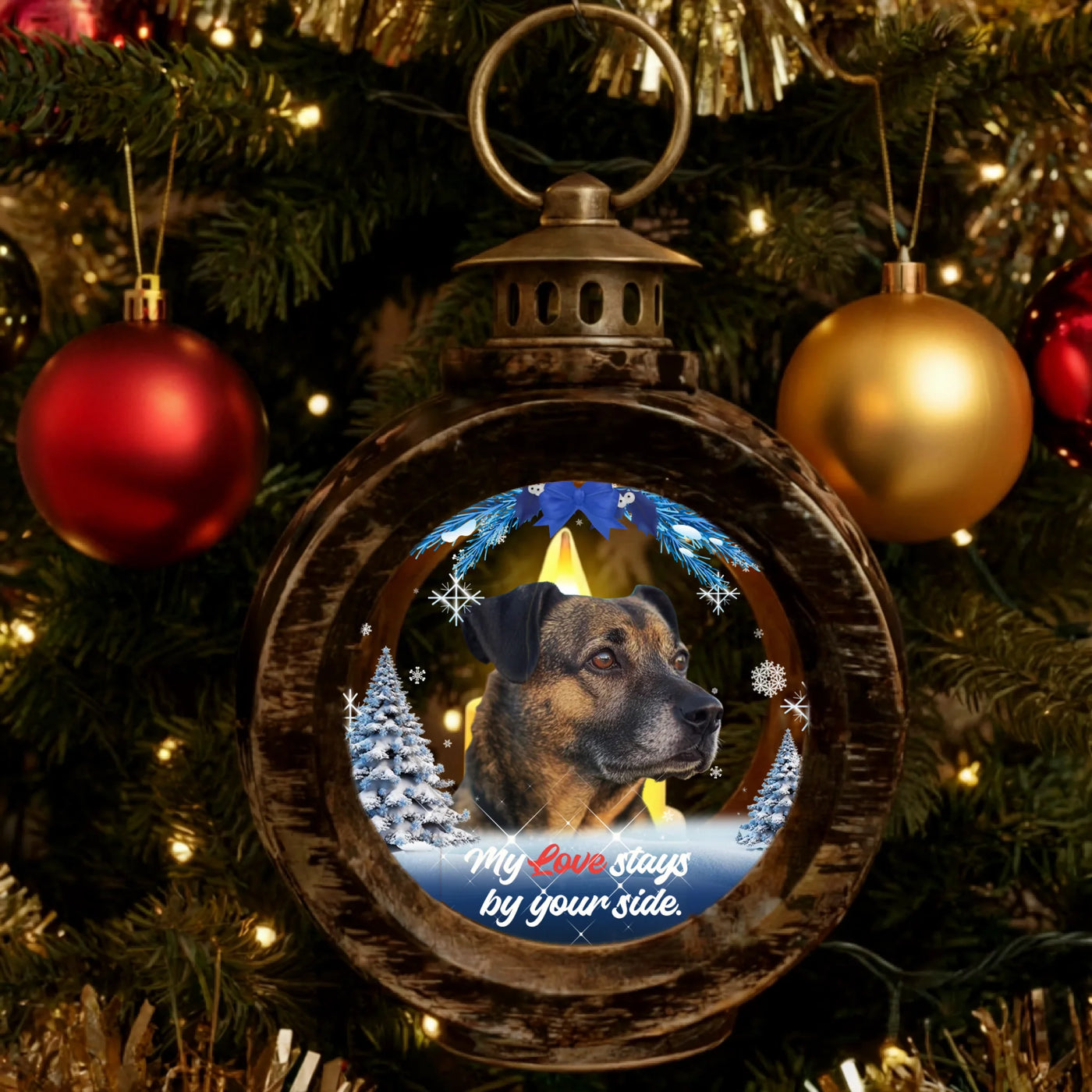 Custom winter lantern light with pet photo, snowflakes, and sympathy quote for memorial décor