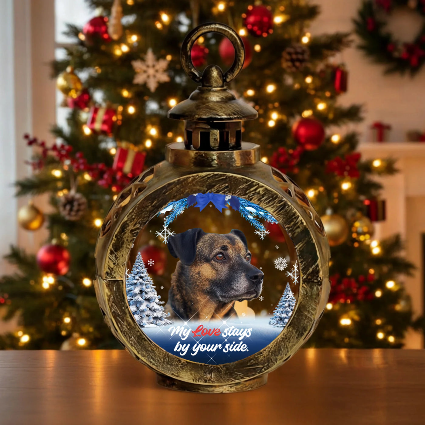 Custom winter lantern light with pet photo, snowflakes, and sympathy quote for memorial décor