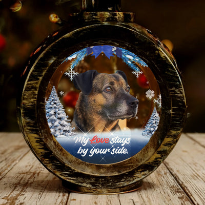 Custom winter lantern light with pet photo, snowflakes, and sympathy quote for memorial décor