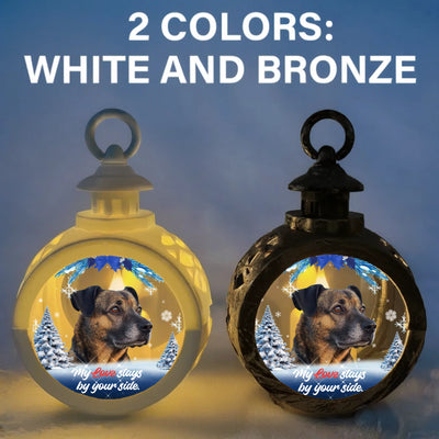 Custom winter lantern light with pet photo, snowflakes, and sympathy quote for memorial décor