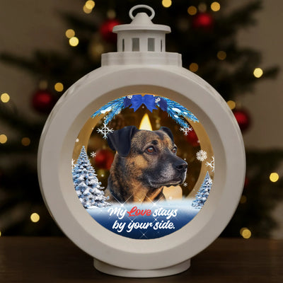 Custom winter lantern light with pet photo, snowflakes, and sympathy quote for memorial décor