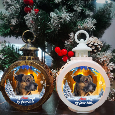 Custom winter lantern light with pet photo, snowflakes, and sympathy quote for memorial décor