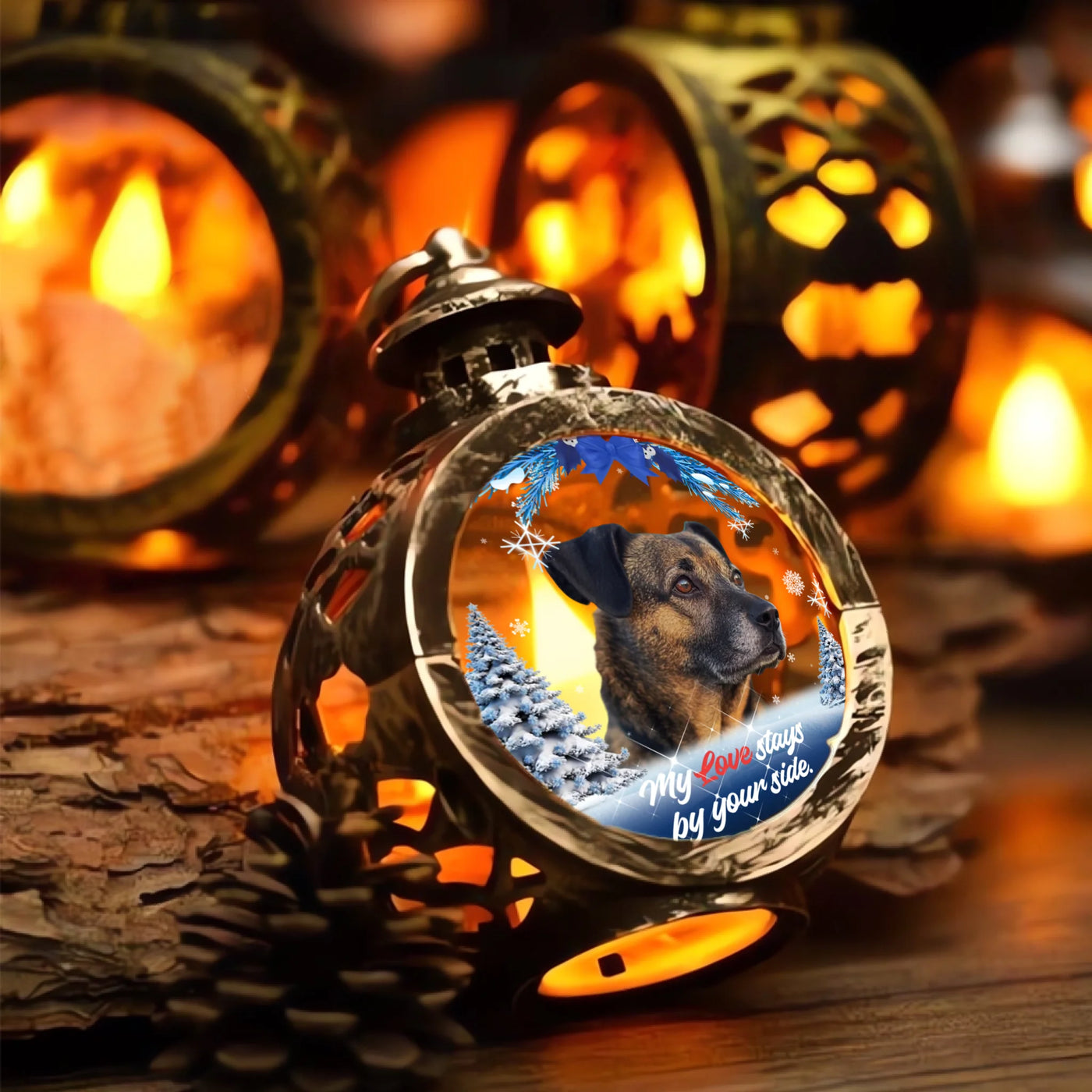 Custom winter lantern light with pet photo, snowflakes, and sympathy quote for memorial décor