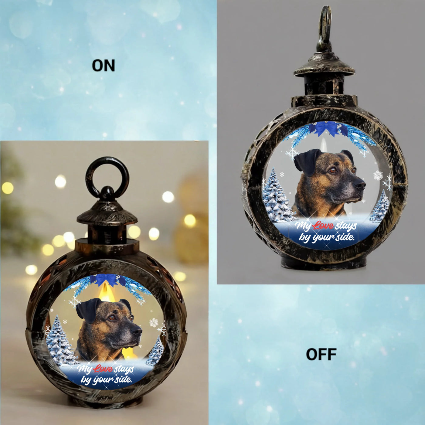 Custom winter lantern light with pet photo, snowflakes, and sympathy quote for memorial décor