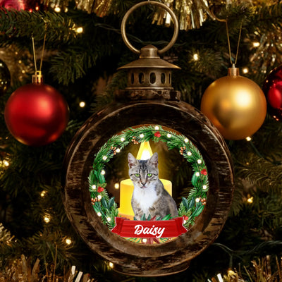 Personalized Christmas lantern with pet photo and festive wreath design, custom memorial holiday décor