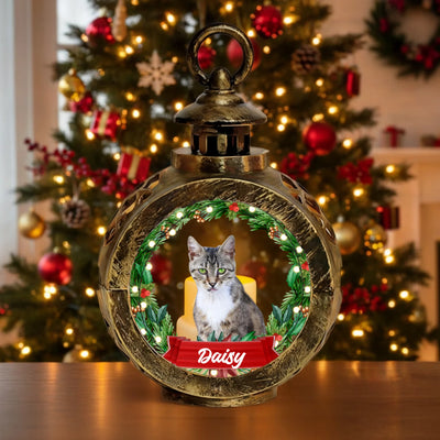 Personalized Christmas lantern with pet photo and festive wreath design, custom memorial holiday décor