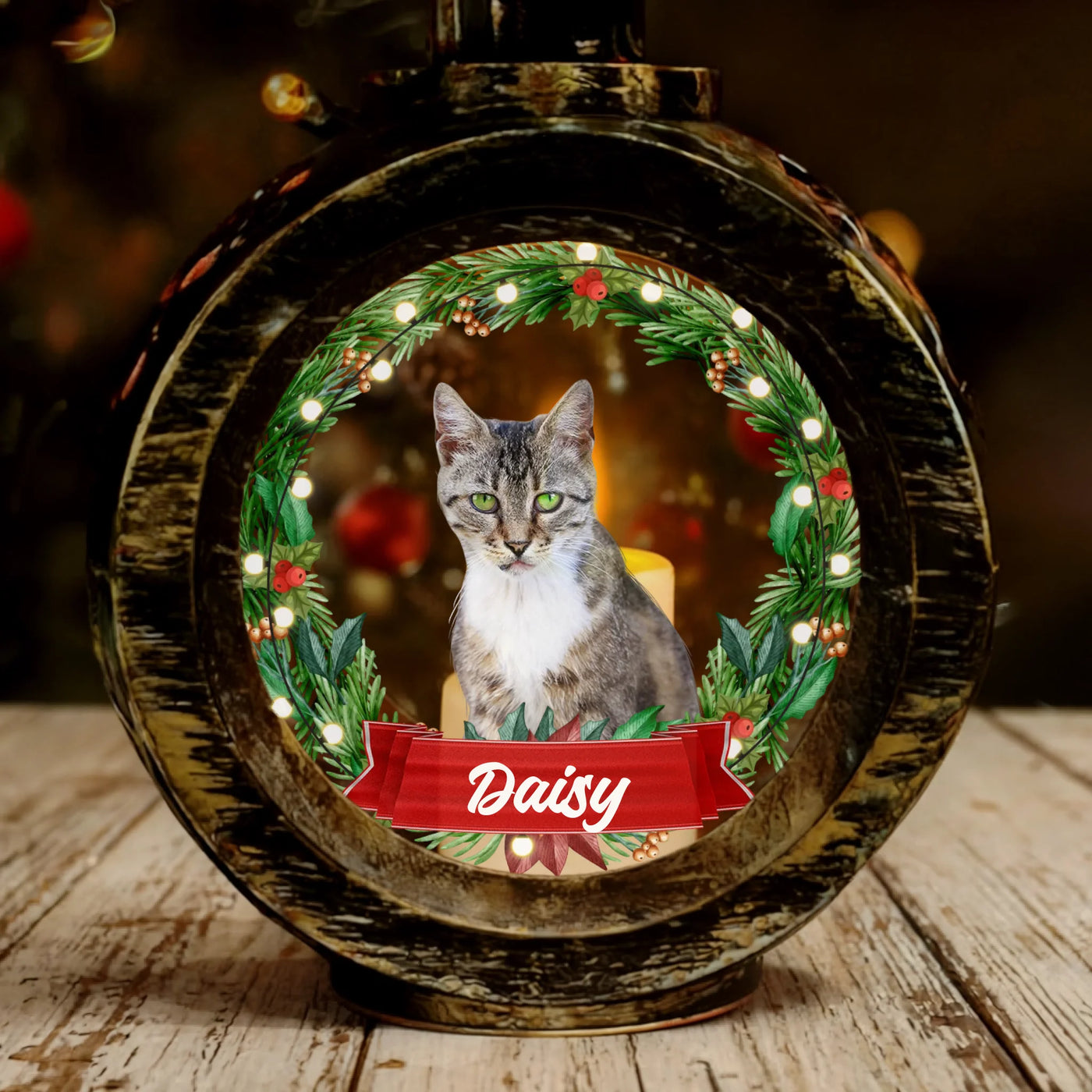 Personalized Christmas lantern with pet photo and festive wreath design, custom memorial holiday décor