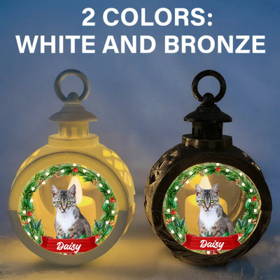 Personalized Christmas lantern with pet photo and festive wreath design, custom memorial holiday décor