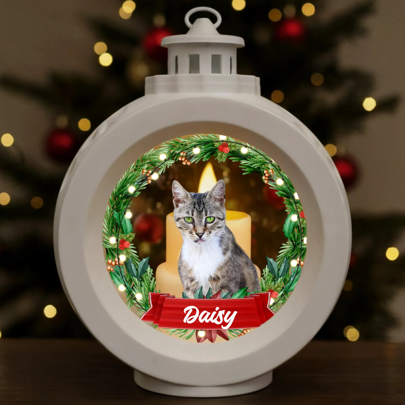 Personalized Christmas lantern with pet photo and festive wreath design, custom memorial holiday décor