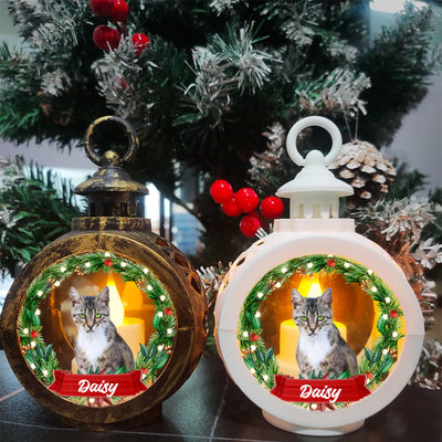 Personalized Christmas lantern with pet photo and festive wreath design, custom memorial holiday décor
