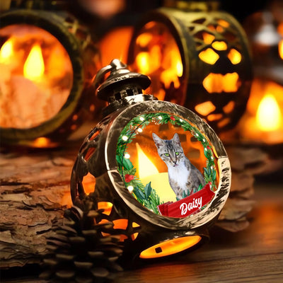 Personalized Christmas lantern with pet photo and festive wreath design, custom memorial holiday décor