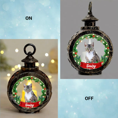 Personalized Christmas lantern with pet photo and festive wreath design, custom memorial holiday décor