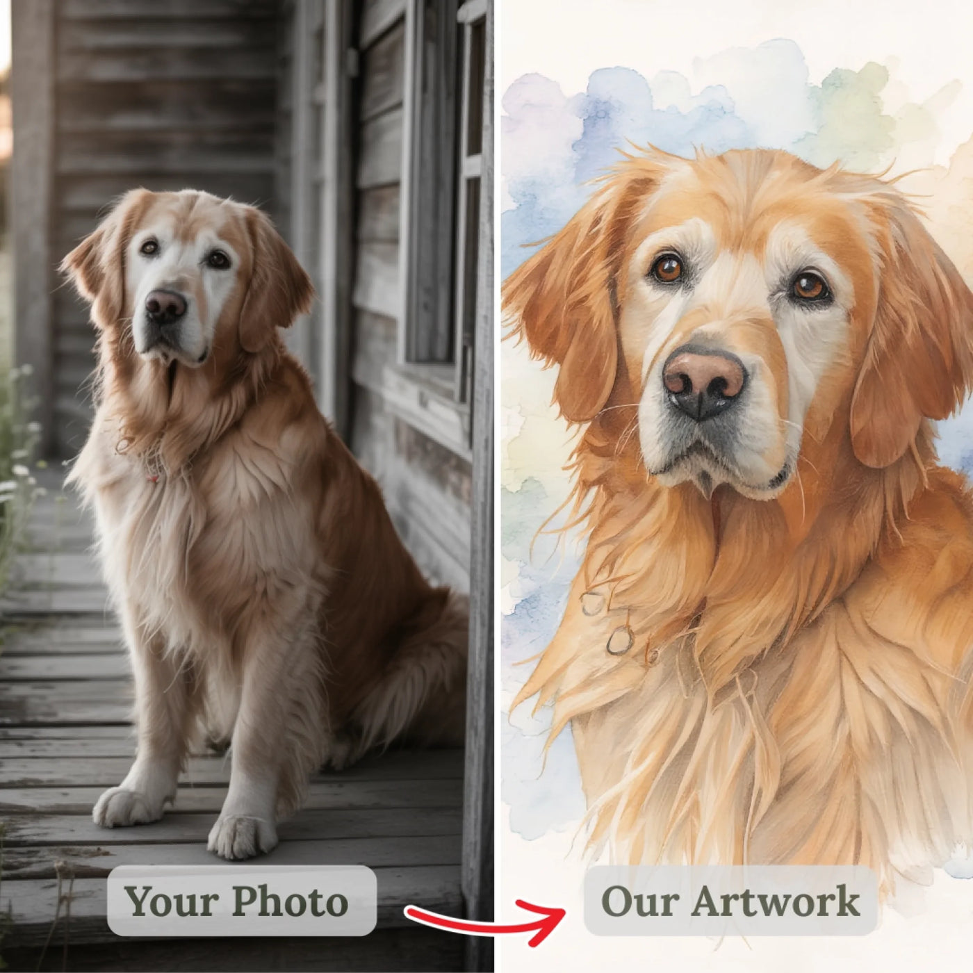 Your photo → Our artistic watercolor portrait - Before → After image
