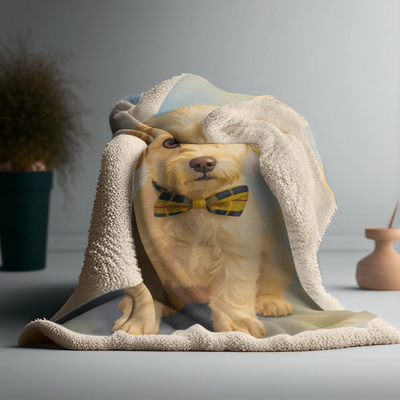 Custom rainbow memorial blanket featuring a pet portrait – sherpa fleece comfort keepsake to honor dogs, cats, or other animals.