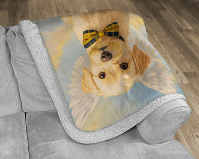 Custom memorial fleece blanket with pastel rainbow background and pet portrait – cozy tribute for any cherished animal.