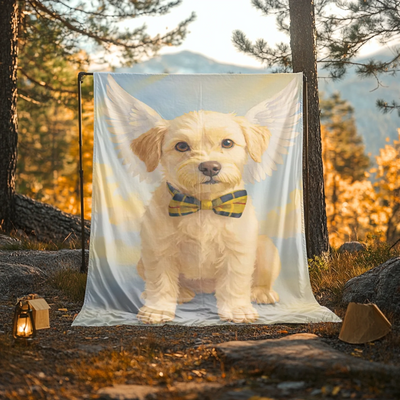 Custom memorial fleece blanket with pastel rainbow background and pet portrait – cozy tribute for any cherished animal.