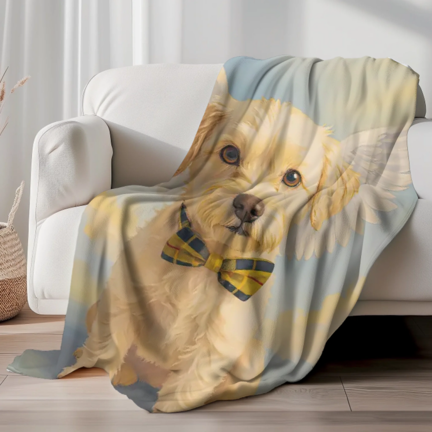 Custom rainbow memorial blanket featuring a pet portrait – velveteen fleece comfort keepsake to honor dogs, cats, or other animals.