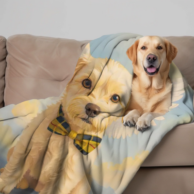 Personalized memorial sherpa blanket with custom pet photo and rainbow bridge design – soft fleece tribute for dog, cat, or any beloved animal.