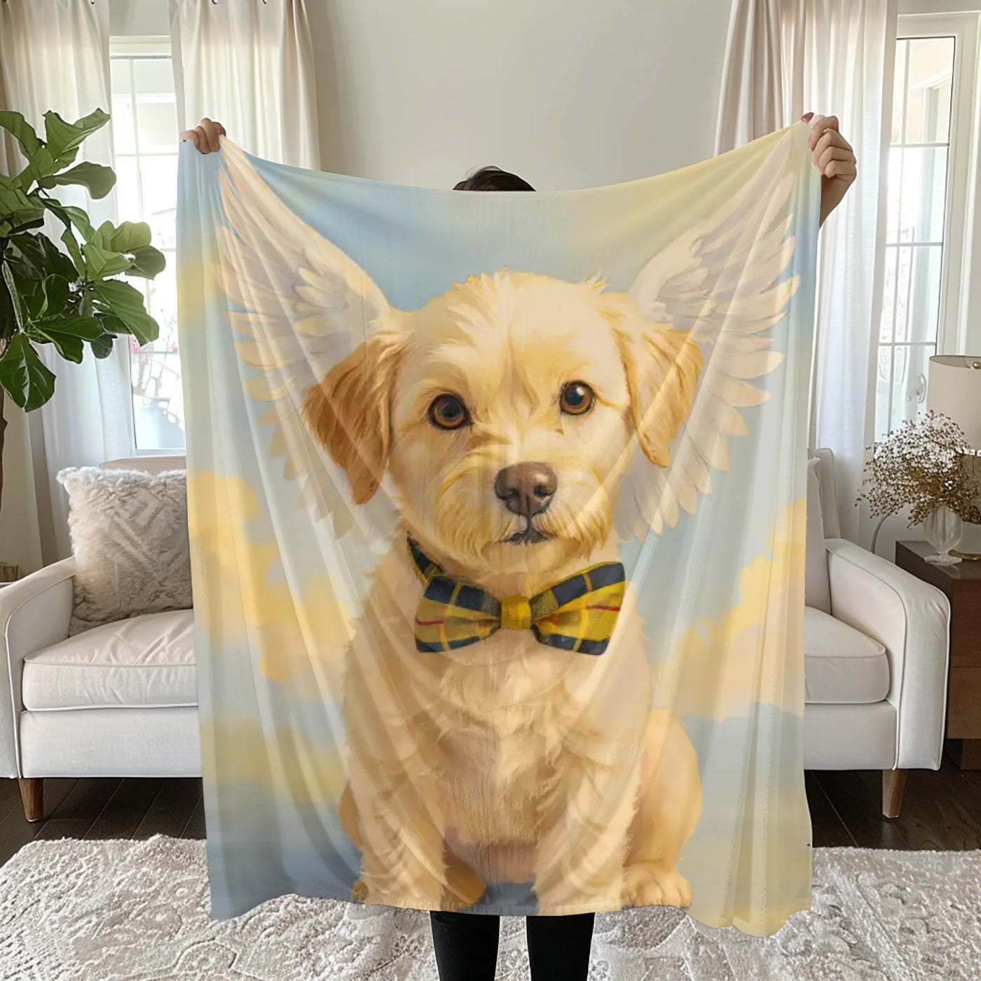 AI-generated pet memorial sherpa blanket with rainbow sky – personalized remembrance gift for grieving pet parents.