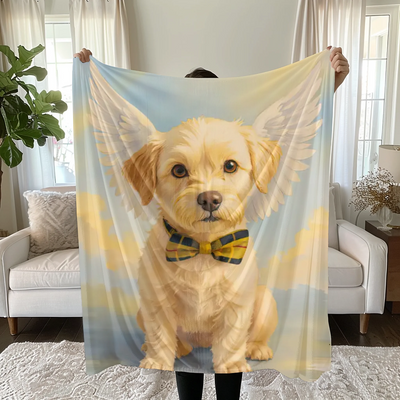 Custom memorial fleece blanket with pastel rainbow background and pet portrait – cozy tribute for any cherished animal.