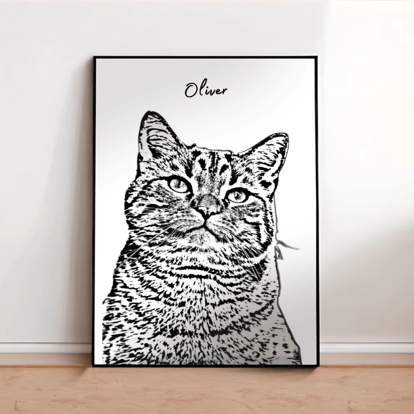 Custom pet sketch portrait poster of a cat named Oliver, black and white line art style, printed on premium semi-gloss paper and framed in modern pinewood