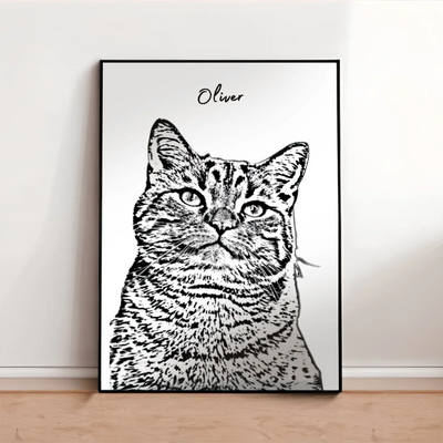 Custom pet sketch portrait poster of a cat named Oliver, black and white line art style, printed on premium semi-gloss paper and framed in modern pinewood
