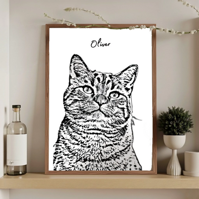 Personalized pet sketch portrait poster created from photo, minimalist black and white line art design in wooden frame, custom wall art for pet lovers