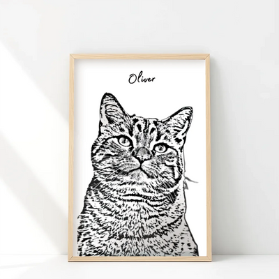 Detail view of personalized pet sketch poster, showing crisp black and white line art print on premium semi-gloss paper
