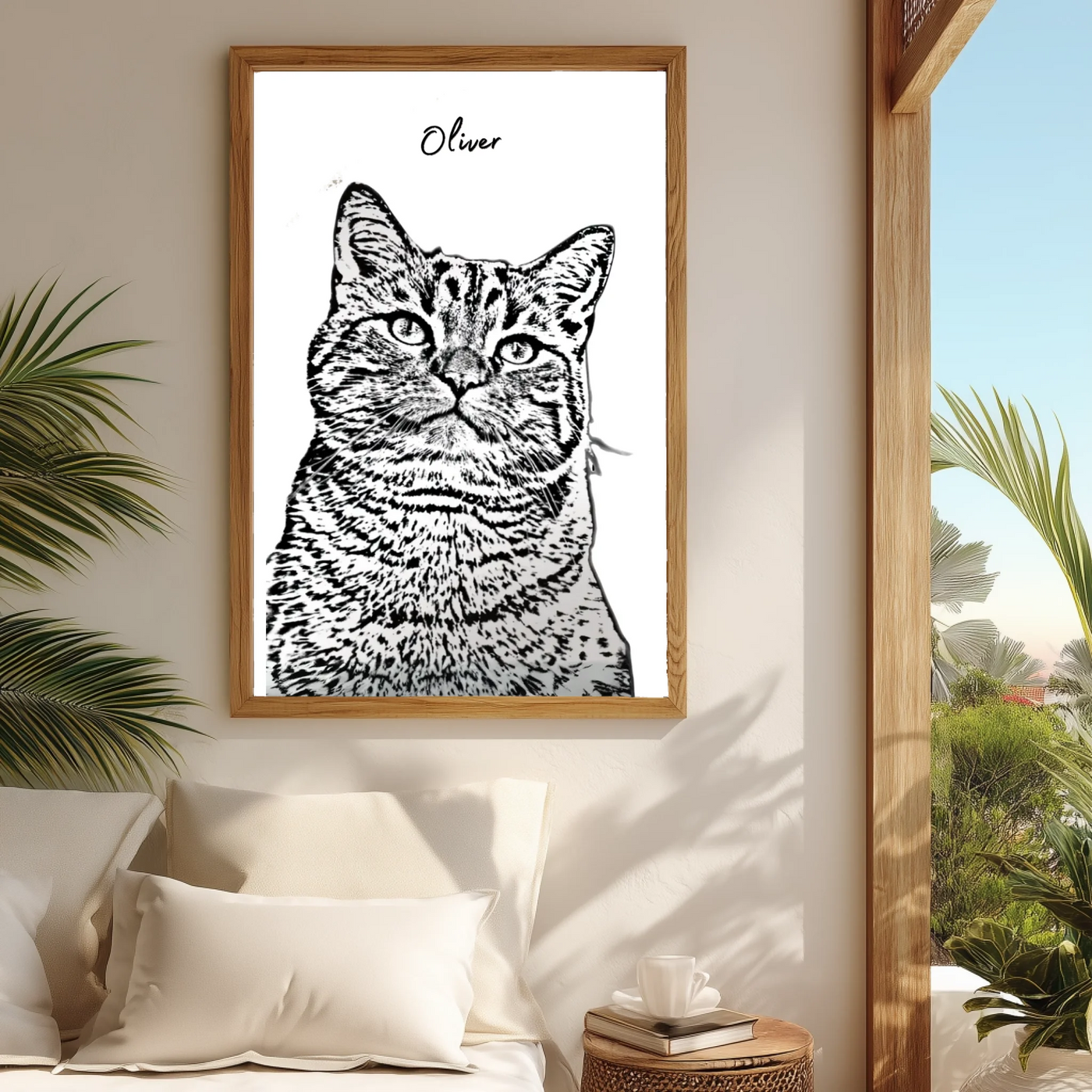 Framed custom pet line art sketch poster displayed on wall, personalized from photo, modern memorial décor for dog, cat, or animal lovers