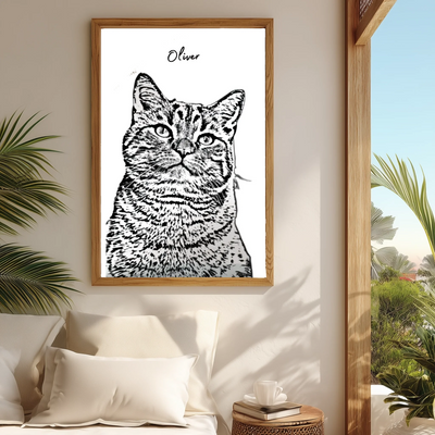 Framed custom pet line art sketch poster displayed on wall, personalized from photo, modern memorial décor for dog, cat, or animal lovers