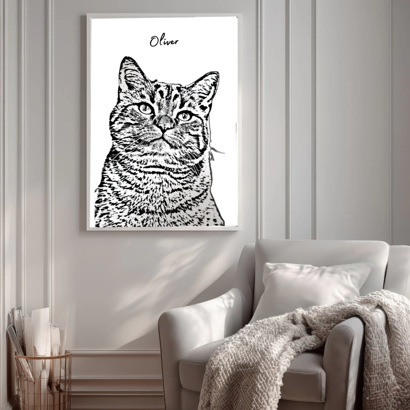 Custom pet sketch portrait poster available in multiple sizes, from 8x12 to 24x36 inches, framed in sustainable pinewood