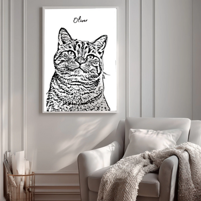 Custom pet sketch portrait poster available in multiple sizes, from 8x12 to 24x36 inches, framed in sustainable pinewood
