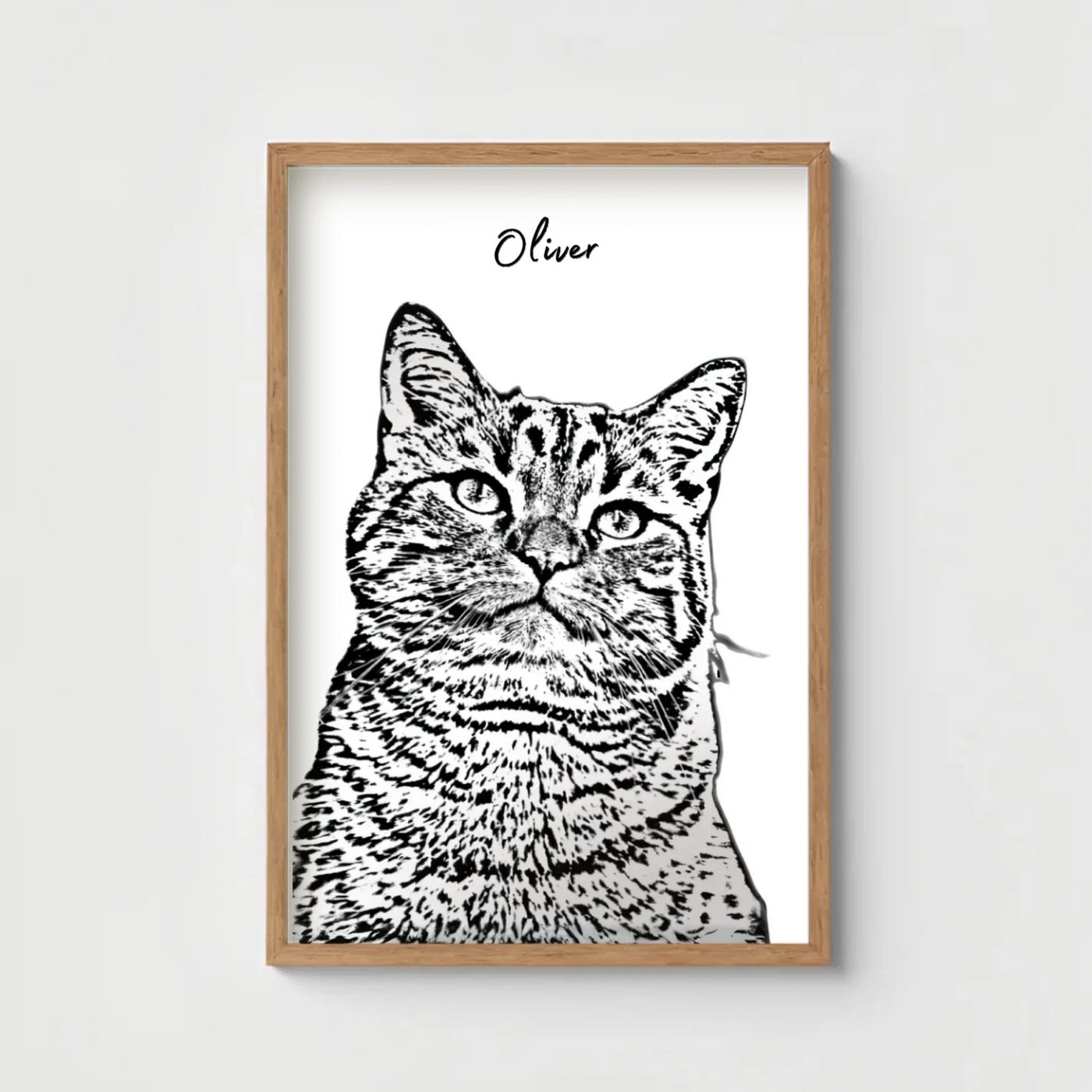 "Custom pet sketch portrait poster of a cat named Oliver, black and white line art style, printed on premium semi-gloss paper and framed in modern pinewood