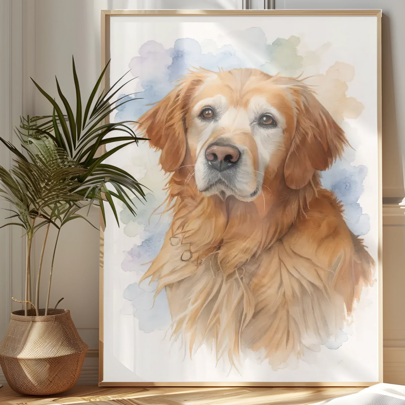 AI-generated watercolor pet memorial portrait framed poster with custom photo