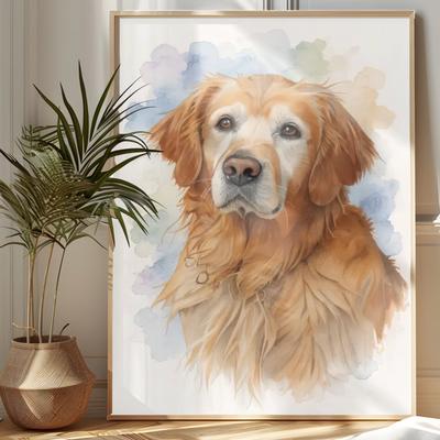 AI-generated watercolor pet memorial portrait framed poster with custom photo