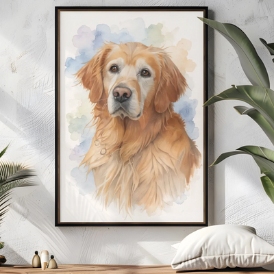 AI-generated watercolor portrait dog memorial framed poster with custom photo