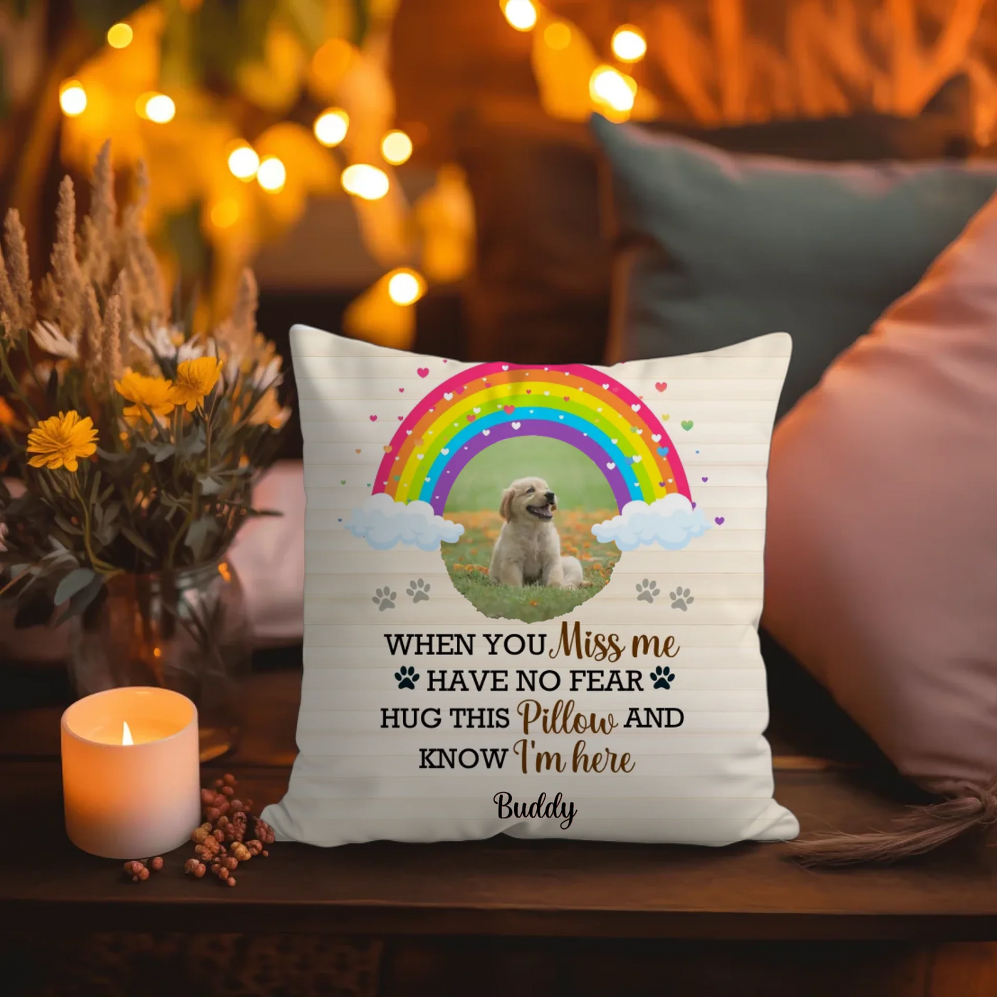 Pet memorial pillow showcasing a custom photo of a dog under a vibrant rainbow with heartfelt text