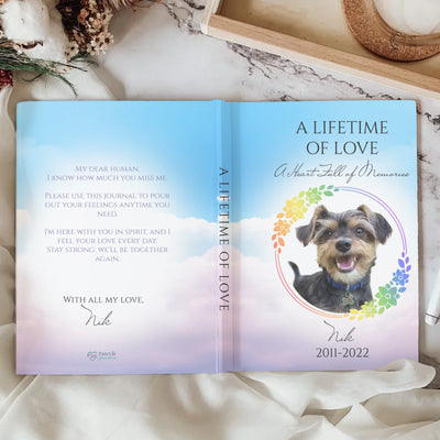 Pet memorial journal with a customizable cover featuring a pet photo, name, and years, designed for healing and cherishing memories